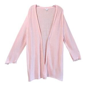 J JILL Women XL Cardigan Sweater Pink Open Front Fringe Cuff Linen Blend 44"